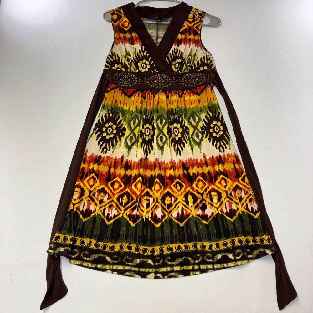607 Boho Iz Byer Dress S Brown Ikat Print Studded Empire Waist Tie Back